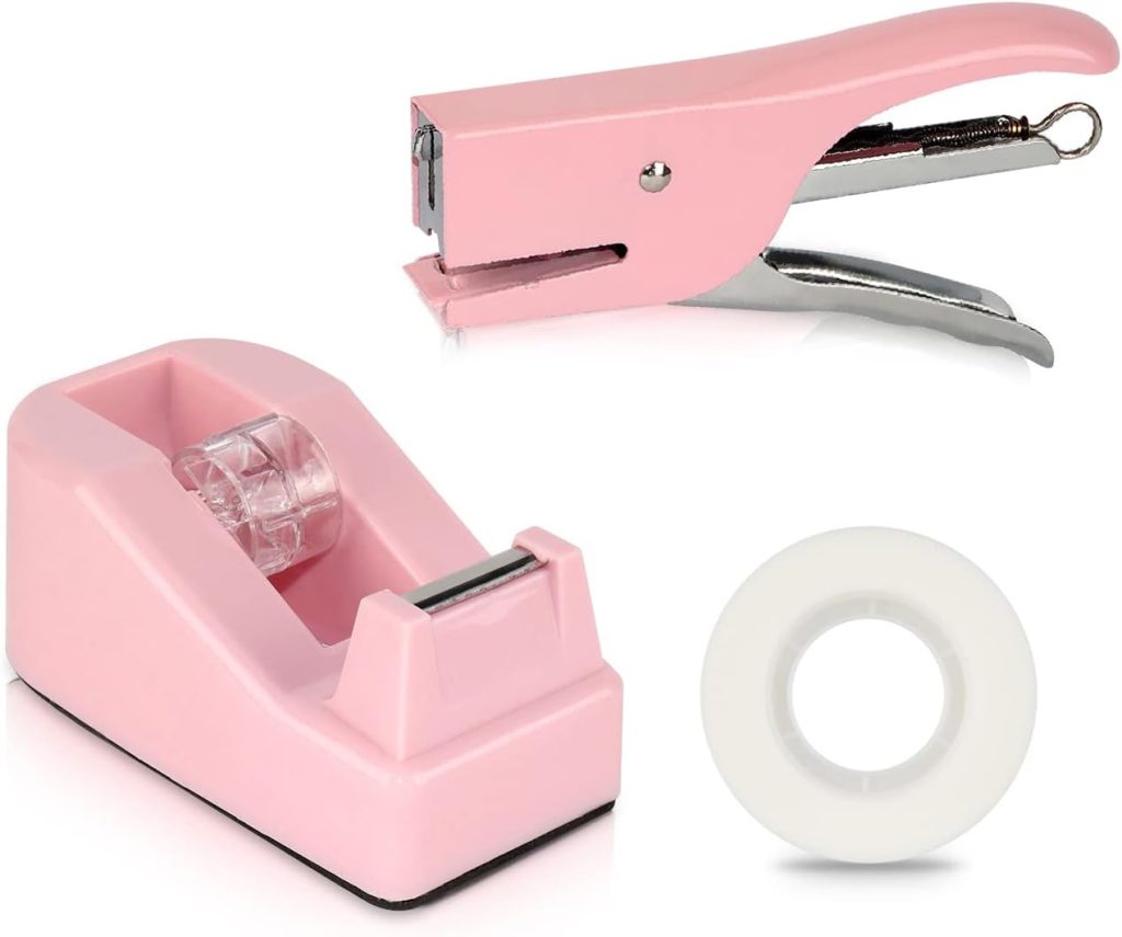 Cute Pink Office Supplies Bundle Kit, Metal Stapler and Tape Dispenser Set with Tape Refill, 26/6 Staples for Office School Students