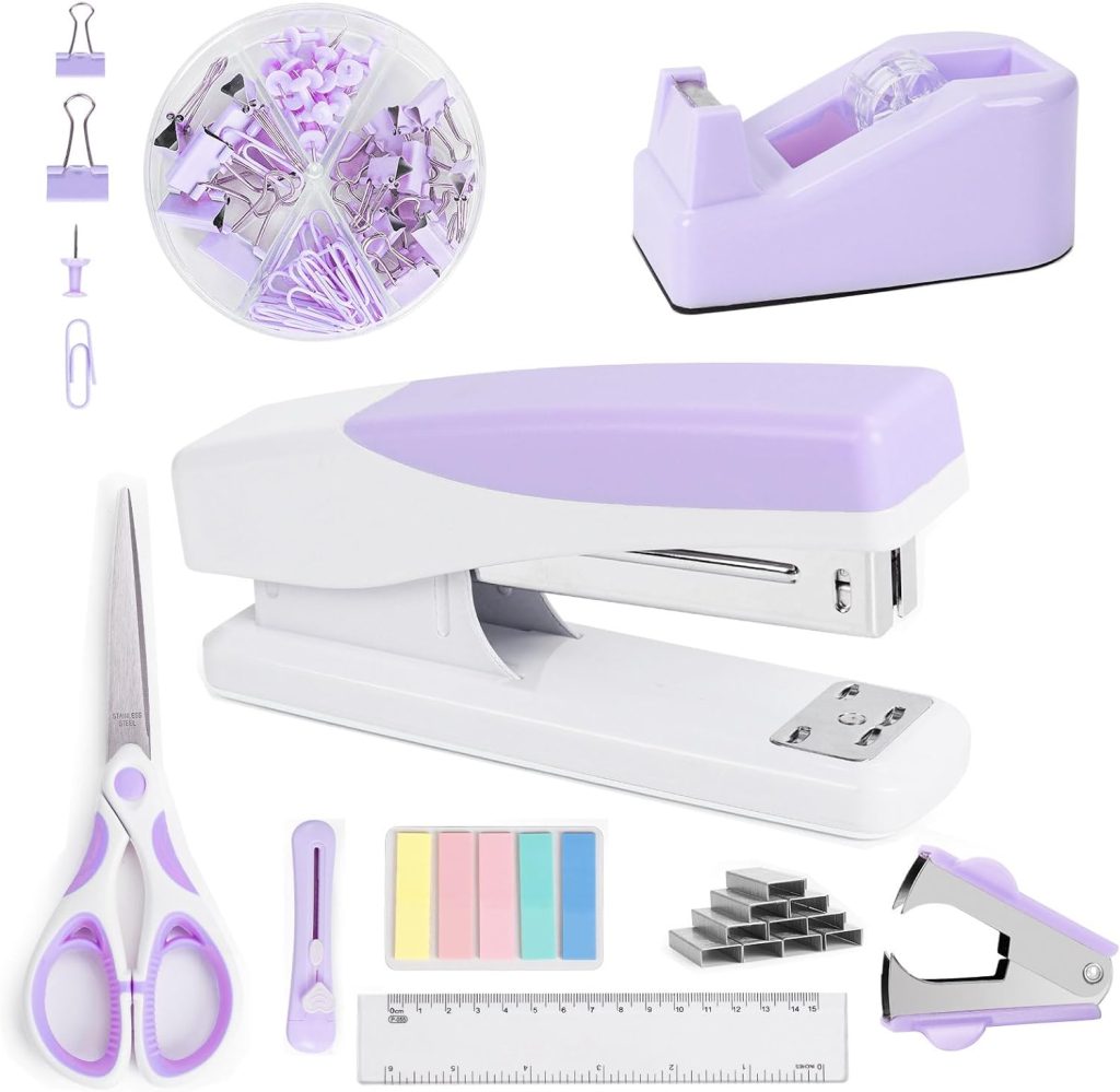 Purple Office Supplies, Purple Desk Accessories for Women, Cute Stapler and Tape Dispenser Set- Staple Remover, Clips, Staples, Scissor, Knife, Ruler, Tabs, Gift for Coworkers, Students