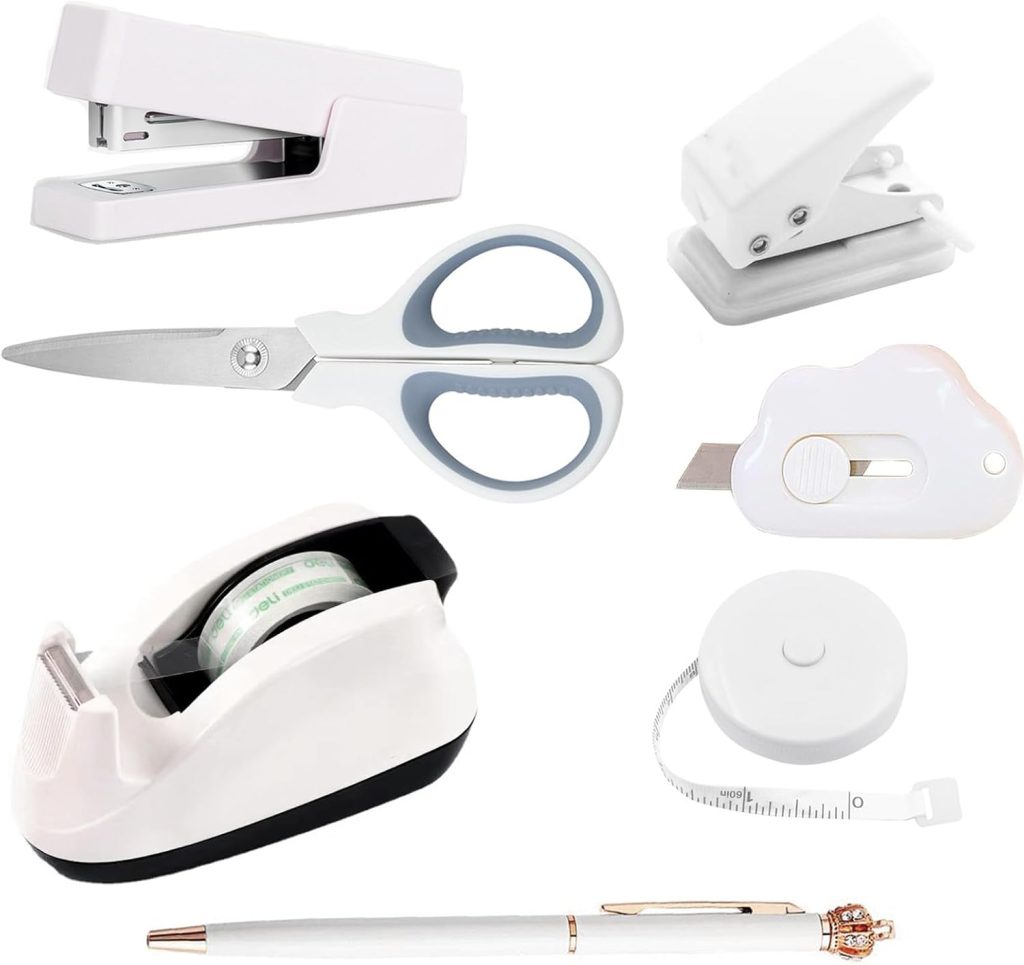 White Office Supplies, White Desk Accessories, Stapler and Tape Dispenser, Scissors, Pen, Tape Measure, Utility Knife, White Office Supplies Nonslip Stapler Set Gift for Men Women School Student